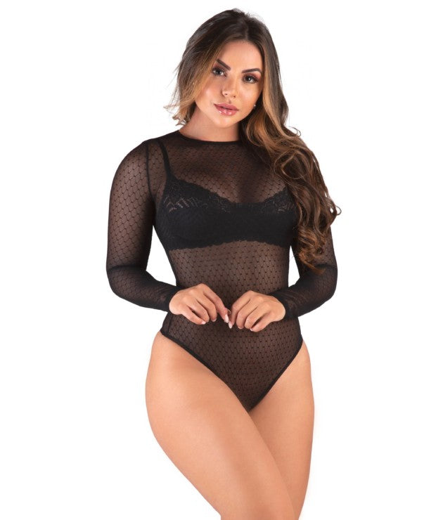 Body manga longa em tule dot – Gracielly